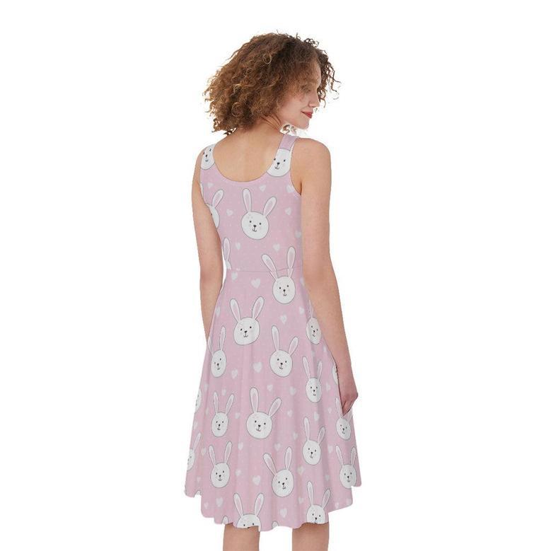 Pink Rabbit Pattern Print Sleeveless Knee Length Dress