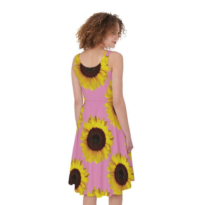 Pink Sunflower Pattern Print Sleeveless Knee Length Dress