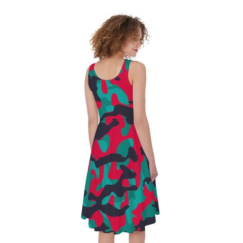 Pink Teal And Black Camouflage Print Sleeveless Knee Length Dress