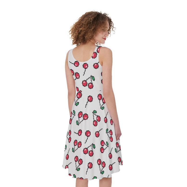 Pixel Cherry Pattern Print Sleeveless Knee Length Dress