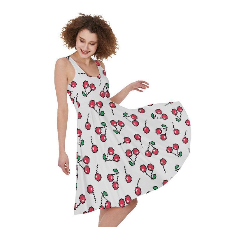 Pixel Cherry Pattern Print Sleeveless Knee Length Dress