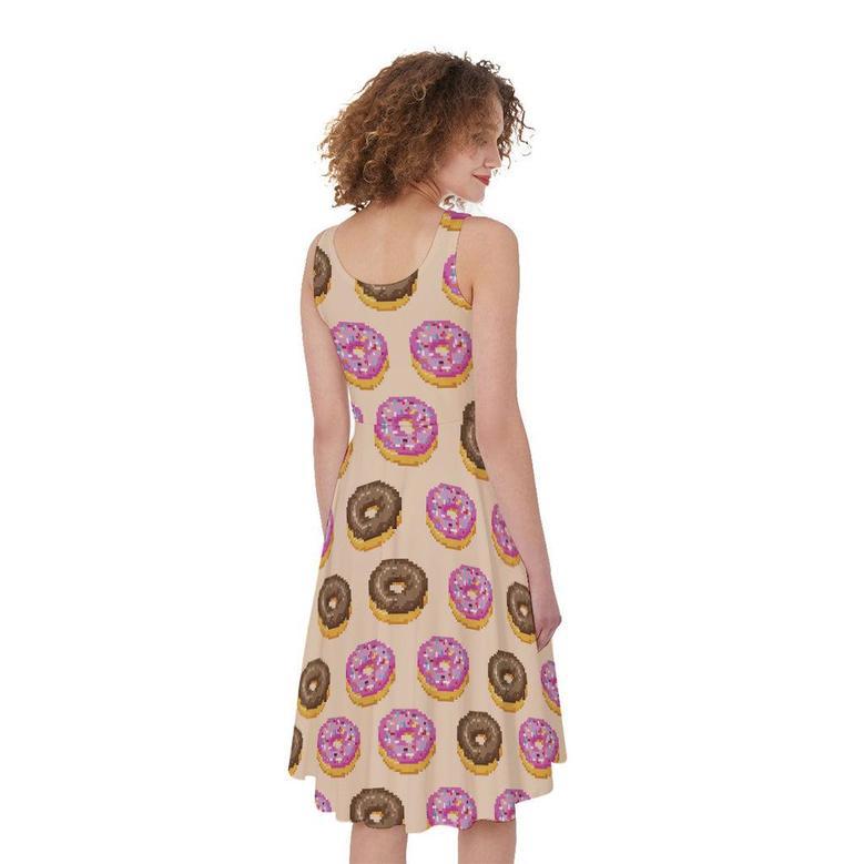 Pixel Donut Print Sleeveless Knee Length Dress