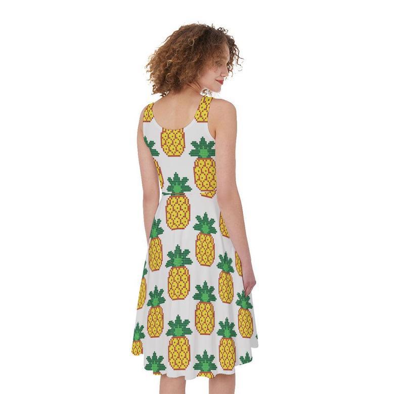 Pixel Pineapple Pattern Print Sleeveless Knee Length Dress