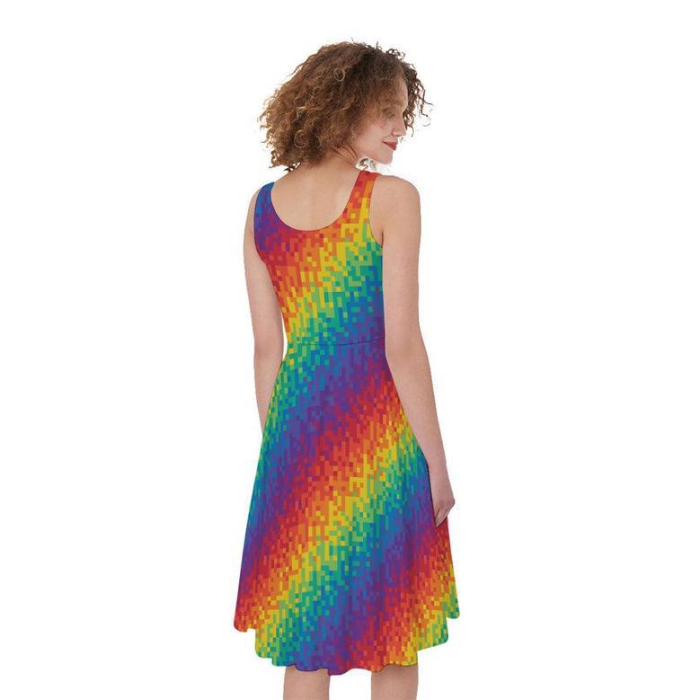 Pixel Rainbow Pattern Print Sleeveless Knee Length Dress