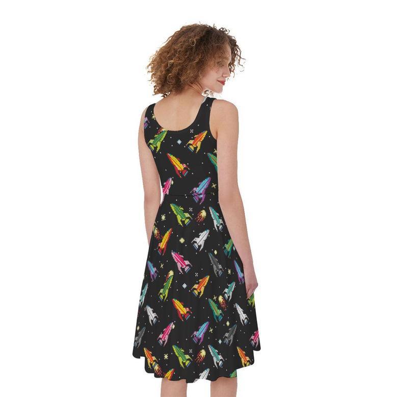 Pixel Spaceships Pattern Print Sleeveless Knee Length Dress