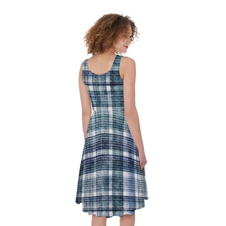 Plaid Denim Jeans Pattern Print Sleeveless Knee Length Dress