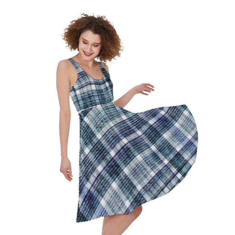 Plaid Denim Jeans Pattern Print Sleeveless Knee Length Dress