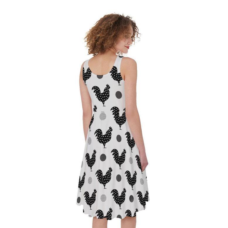 Polka Dot Rooster Pattern Print Sleeveless Knee Length Dress