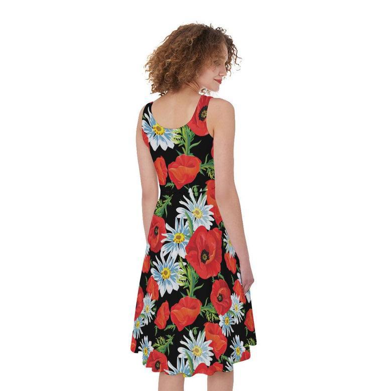 Poppy And Chamomile Pattern Print Sleeveless Knee Length Dress