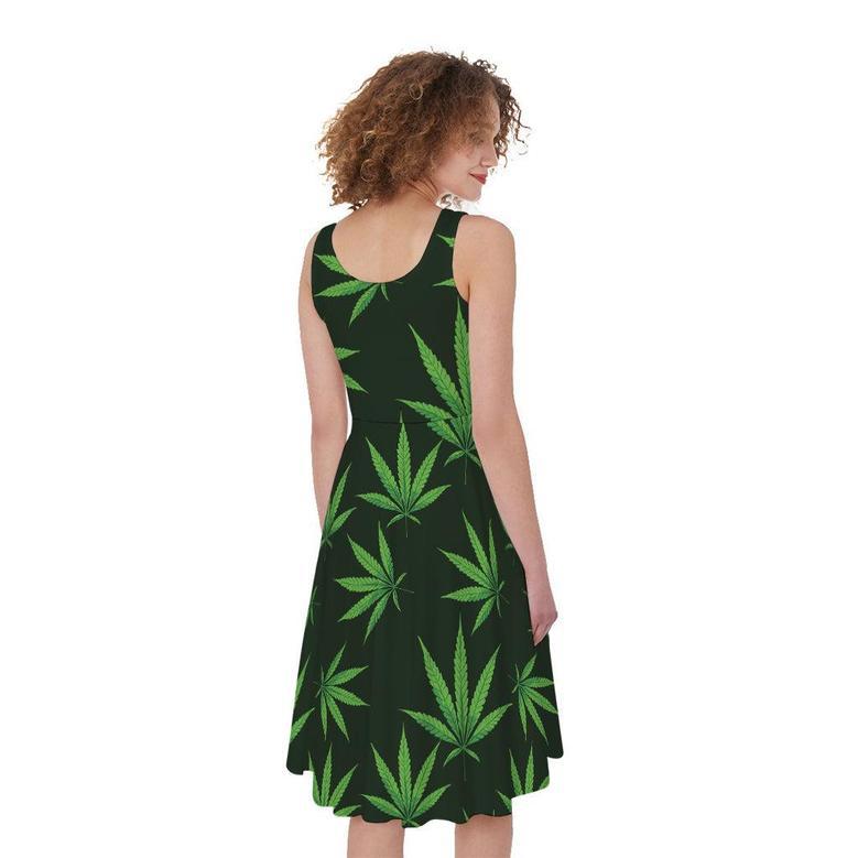 Pot Leaf Pattern Print Sleeveless Knee Length Dress