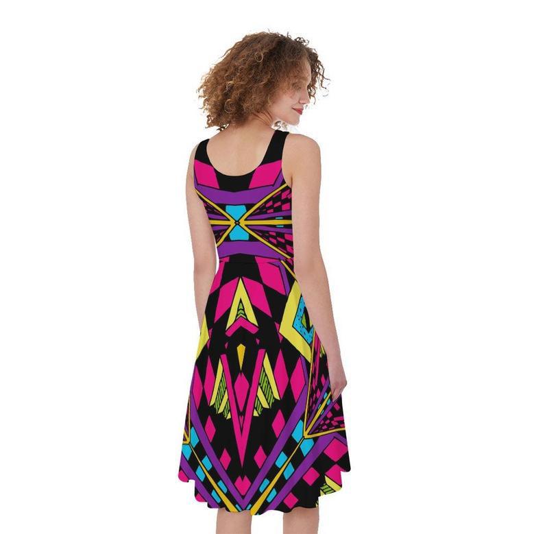 Psychedelic Ethnic Trippy Print Sleeveless Knee Length Dress