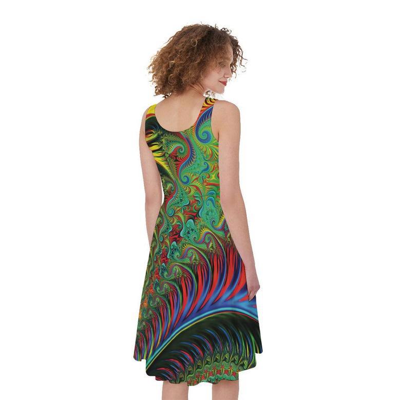 Psychedelic Fractal Print Sleeveless Knee Length Dress