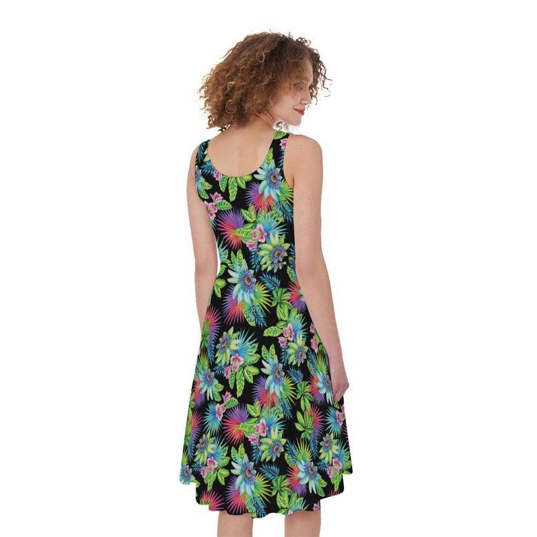 Psychedelic Hawaiian Flower Print Sleeveless Knee Length Dress