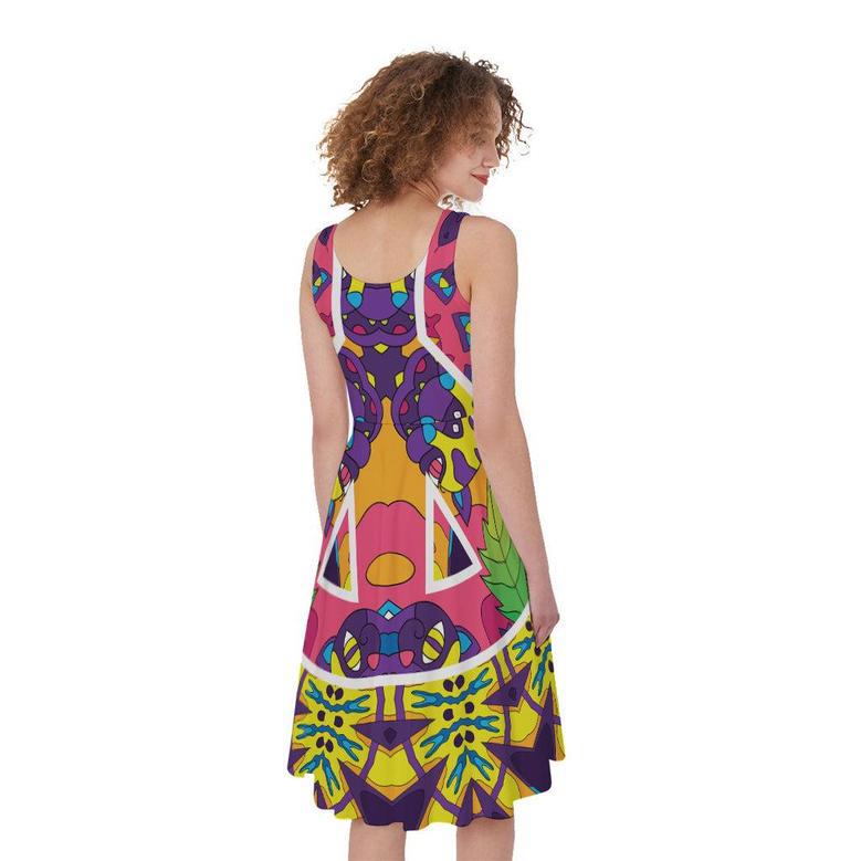 Psychedelic Hippie Peace Sign Print Sleeveless Knee Length Dress