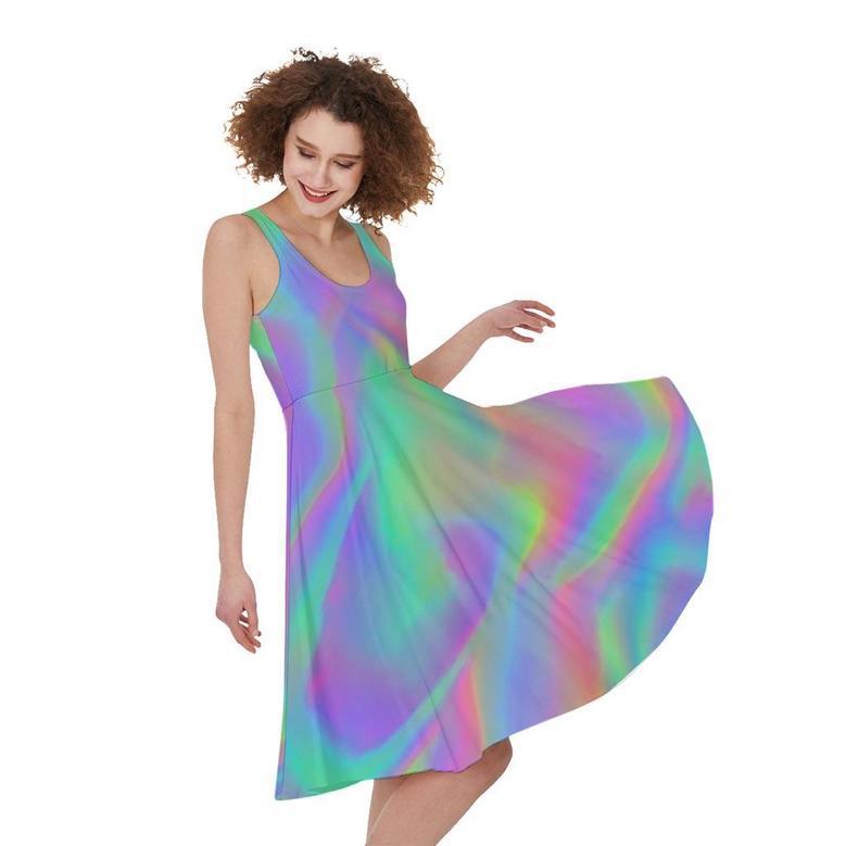 Psychedelic Holographic Trippy Print Sleeveless Knee Length Dress