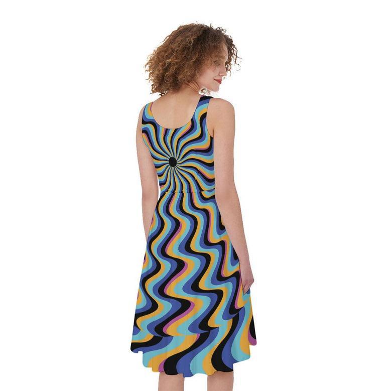 Psychedelic Illusory Motion Print Sleeveless Knee Length Dress