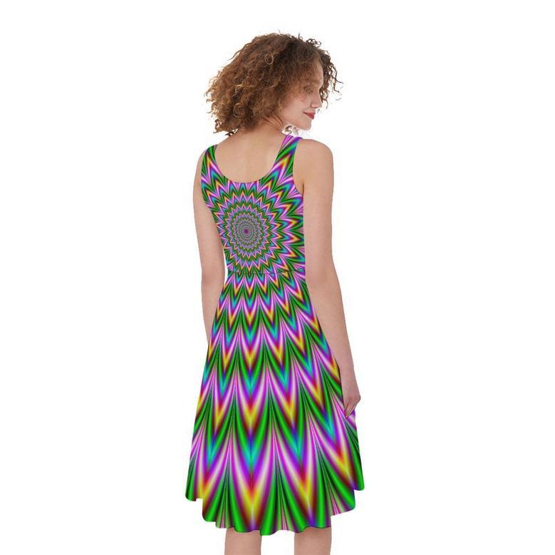 Psychedelic Radiant Optical Illusion Sleeveless Knee Length Dress