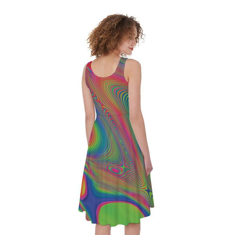 Psychedelic Rave Print Sleeveless Knee Length Dress