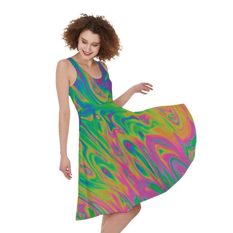 Psychedelic Surface Print Sleeveless Knee Length Dress