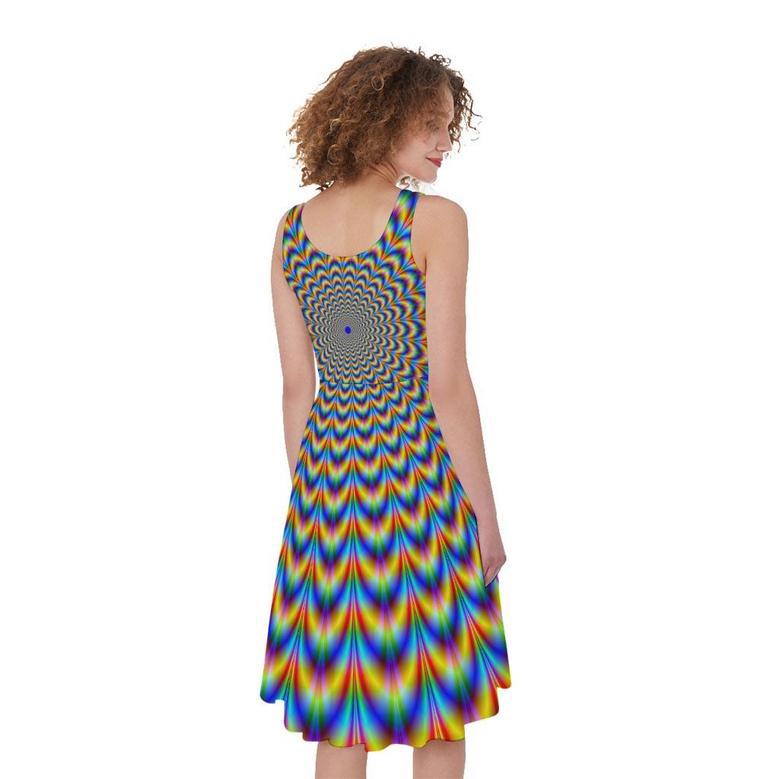 Psychedelic Wave Optical Illusion Sleeveless Knee Length Dress