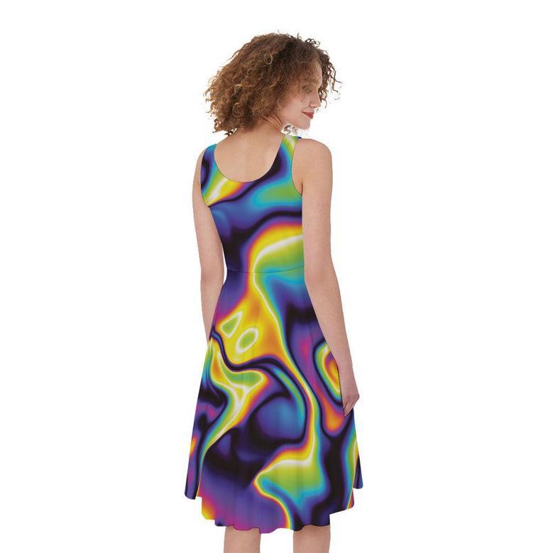 Psychedelic Wavy Print Sleeveless Knee Length Dress