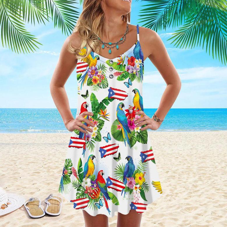 Puerto Rico Parrots Tropical Spaghetti Strap Summer Dress