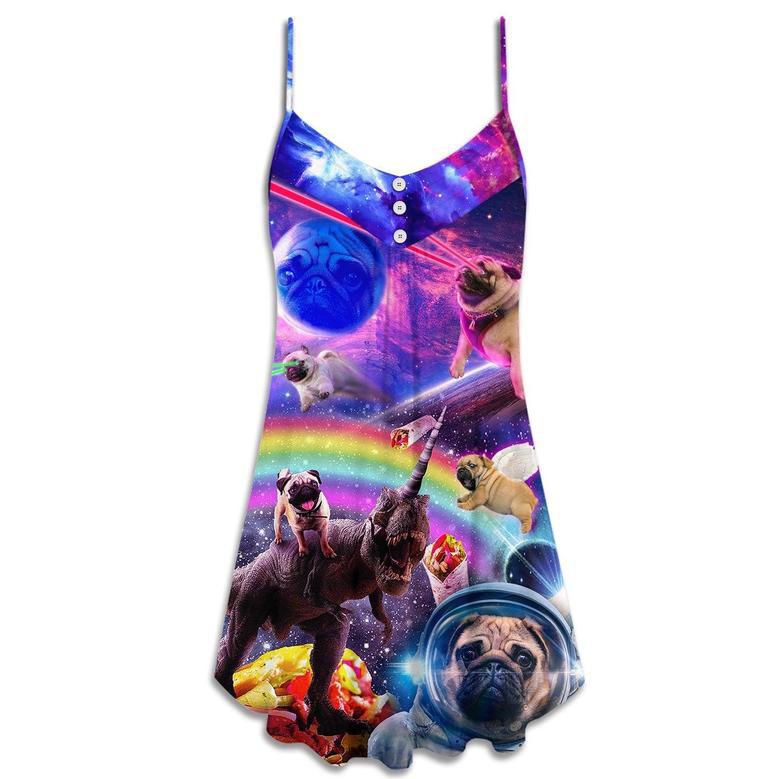 Pug Dog Galaxy Rainbow Star T-Rex Style - V-Neck Sleeveless Cami Dress