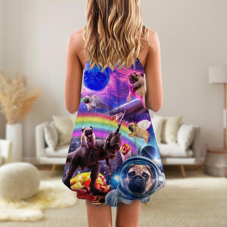 Pug Dog Galaxy Rainbow Star T-Rex Style - V-Neck Sleeveless Cami Dress