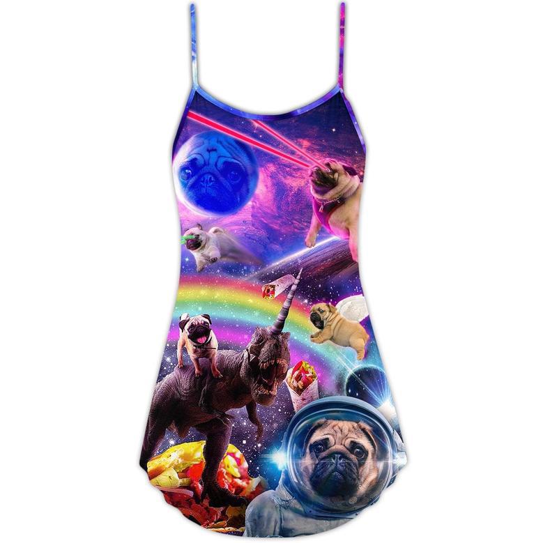 Pug Dog Galaxy Rainbow Star T-Rex Style - V-Neck Sleeveless Cami Dress