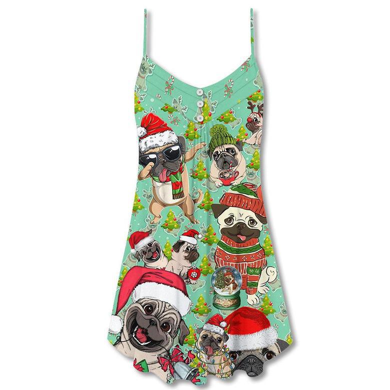 Pug Dog Pugmas Santa Merry Christmas Snow - V-Neck Sleeveless Cami Dress