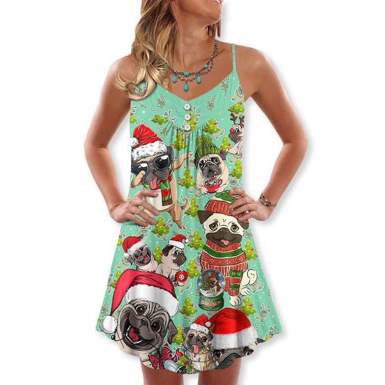 Pug Dog Pugmas Santa Merry Christmas Snow - V-Neck Sleeveless Cami Dress