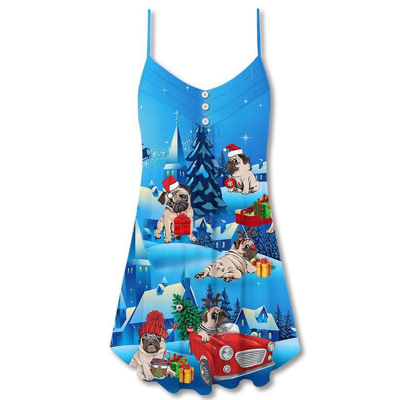 Pug Lovely Santa Merry Christmas Snow - V-Neck Sleeveless Cami Dress