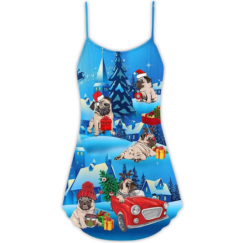 Pug Lovely Santa Merry Christmas Snow - V-Neck Sleeveless Cami Dress