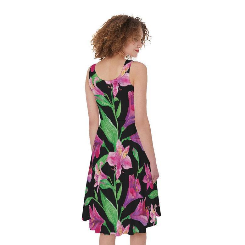 Purple Alstroemeria Pattern Print Sleeveless Knee Length Dress