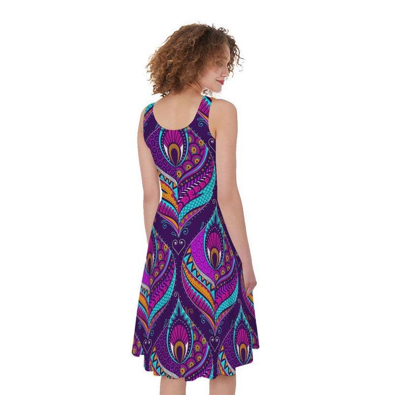 Purple Bohemian Peacock Feather Print Sleeveless Knee Length Dress