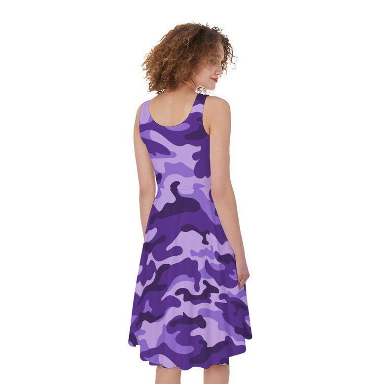 Purple Camouflage Print Sleeveless Knee Length Dress