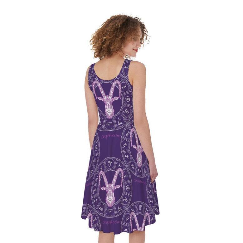 Purple Capricorn Zodiac Pattern Print Sleeveless Knee Length Dress