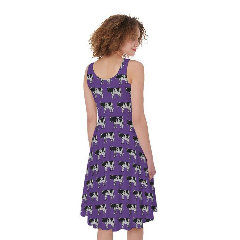 Purple Cow Pattern Print Sleeveless Knee Length Dress