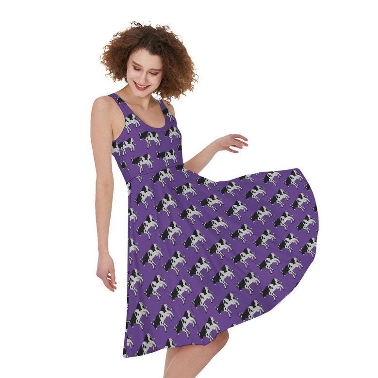 Purple Cow Pattern Print Sleeveless Knee Length Dress