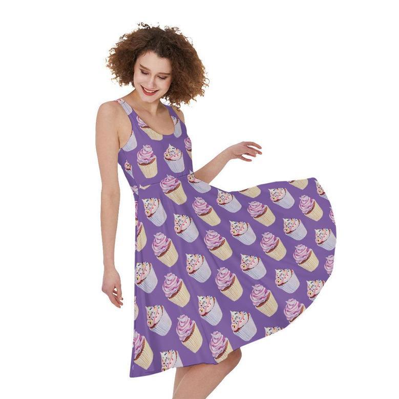 Purple Cupcake Pattern Print Sleeveless Knee Length Dress