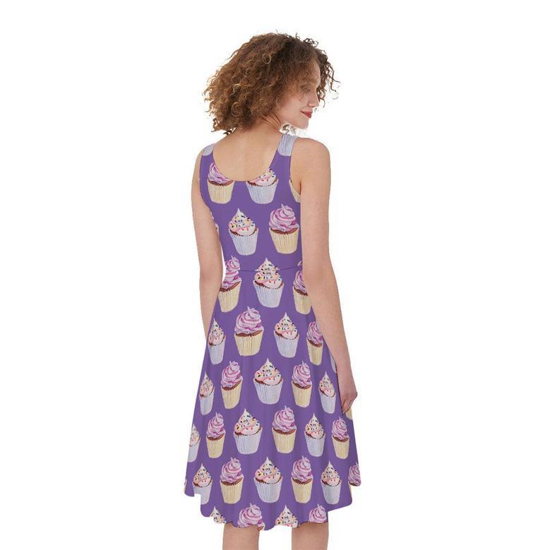 Purple Cupcake Pattern Print Sleeveless Knee Length Dress