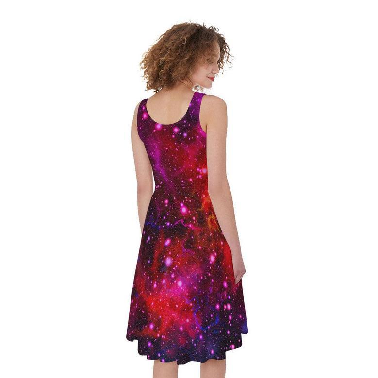 Purple Dark Galaxy Space Print Sleeveless Knee Length Dress