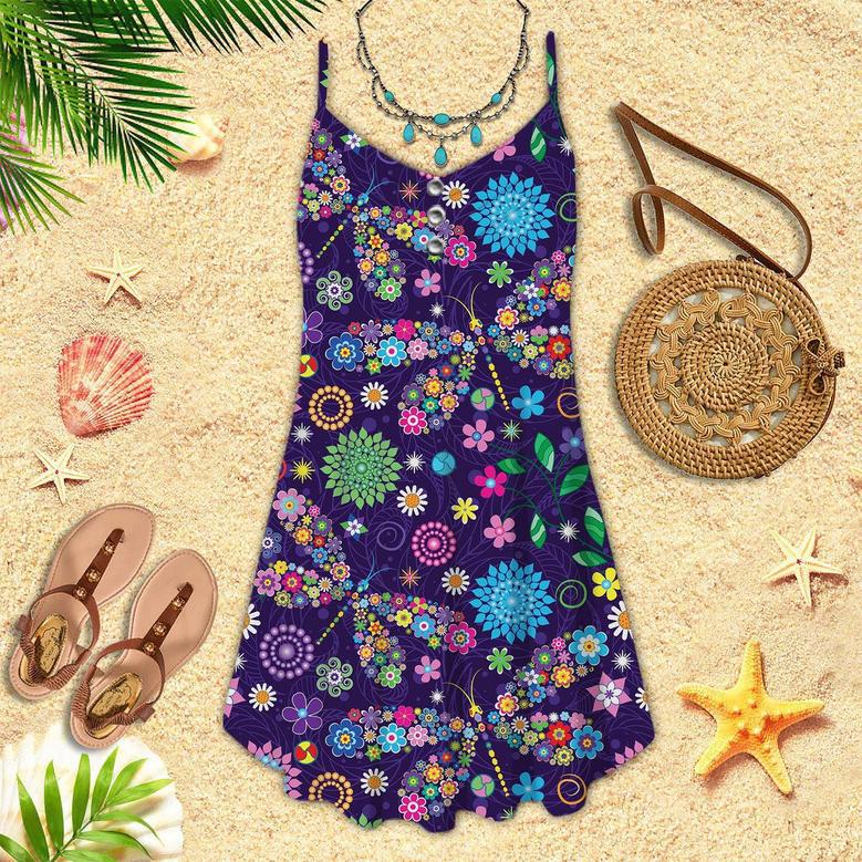 Purple Dragonfly And Flowers Spaghetti Strap Summer Dress