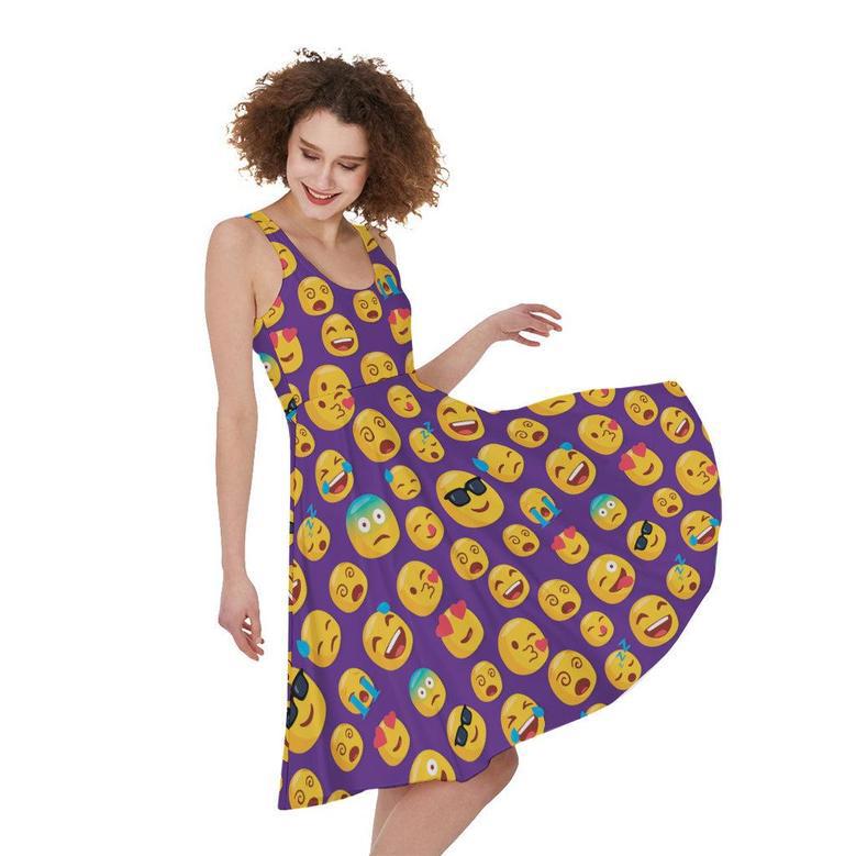 Purple Emoji Pattern Print Sleeveless Knee Length Dress