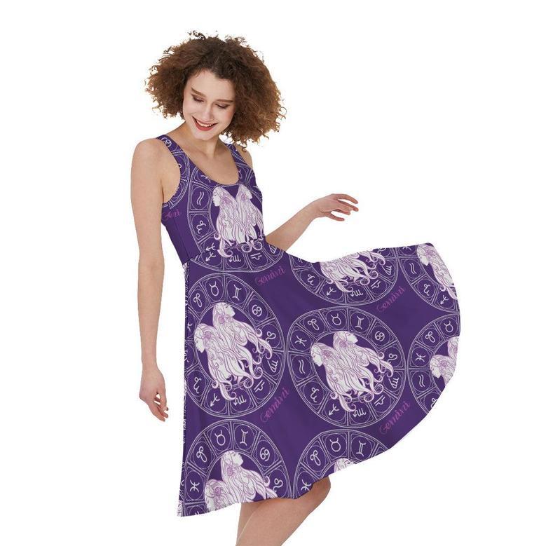 Purple Gemini Zodiac Pattern Print Sleeveless Knee Length Dress