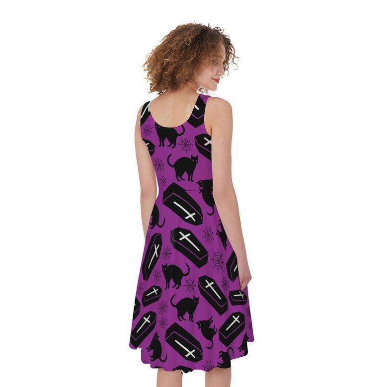 Purple Halloween Coffin Pattern Print Sleeveless Knee Length Dress