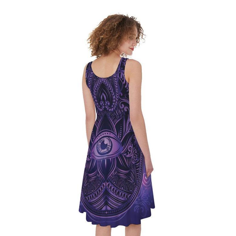 Purple Hamsa Hand Print Sleeveless Knee Length Dress