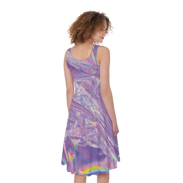 Purple Holographic Print Sleeveless Knee Length Dress