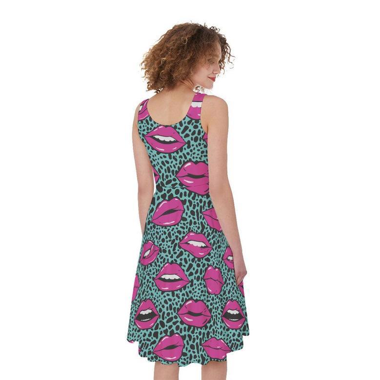 Purple Lips Pattern Print Sleeveless Knee Length Dress