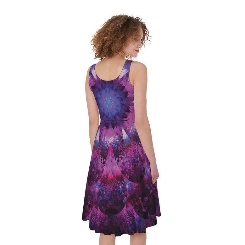 Purple Mandala Flower Print Sleeveless Knee Length Dress